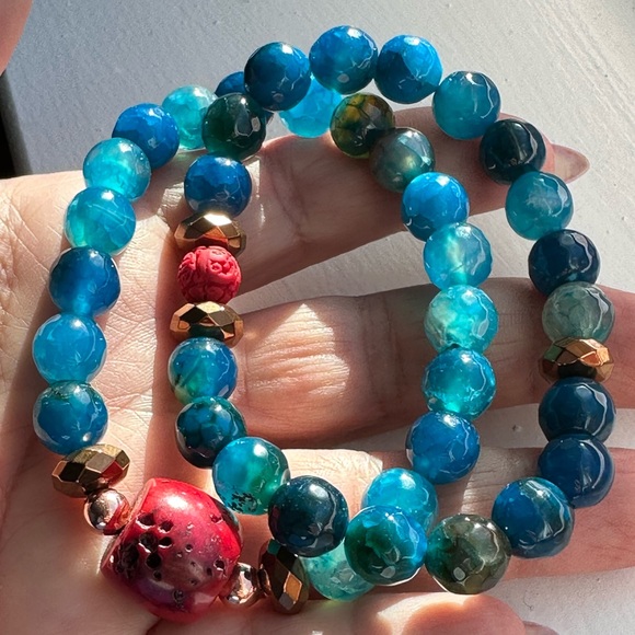 RED CORAL + DRAGON VEINS AGATE NATURAL STONES BRACELET size 7”,8” - Picture 8 of 13